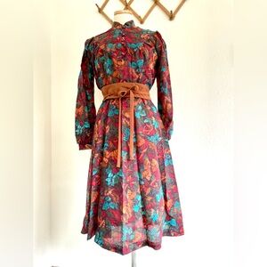 Vintage Autumn Floral Semi Sheer Long Sleeved Midi Dress 70s Deadstock